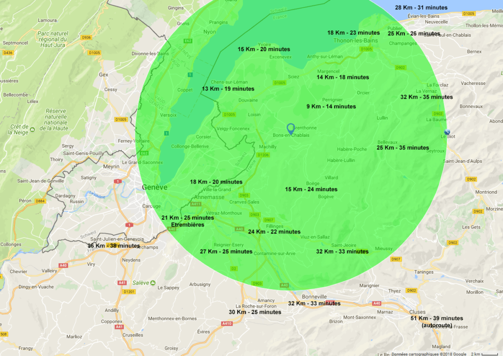 Distances temps et Km depuis Bons-en-Chablais (entre Thonon-Annemasse)